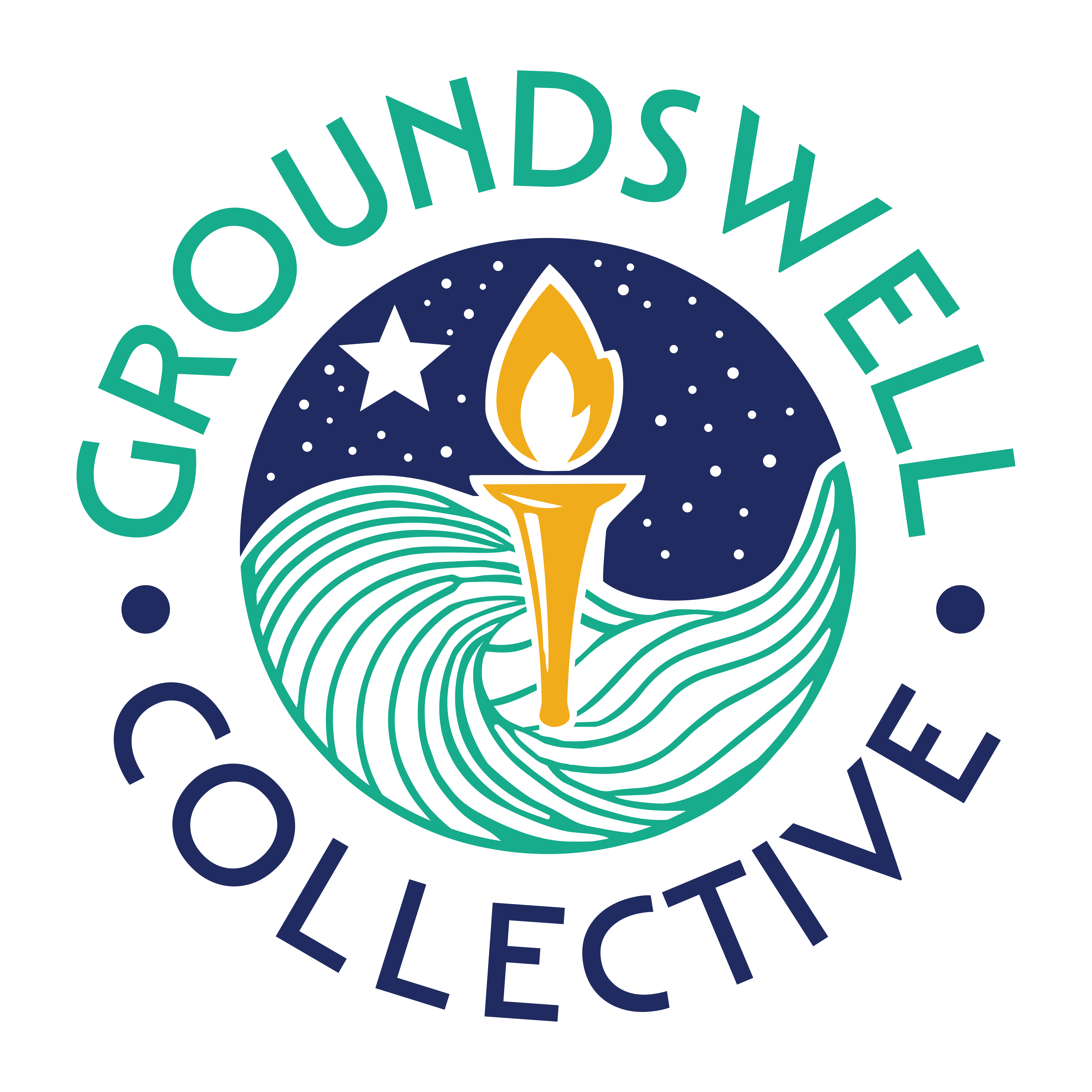 Groundswell Collective logo — a torch rising over ocean waves beneath a starry sky